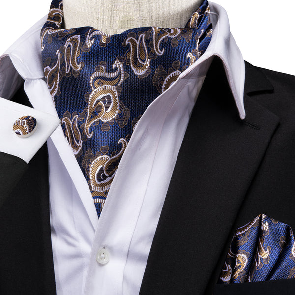 Blue Brown Paisley Ascot Cravat Tie Pocket Square Cufflinks Set
