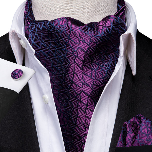 Purple Novelty Ascot Cravat Tie Pocket Square Cufflinks Set