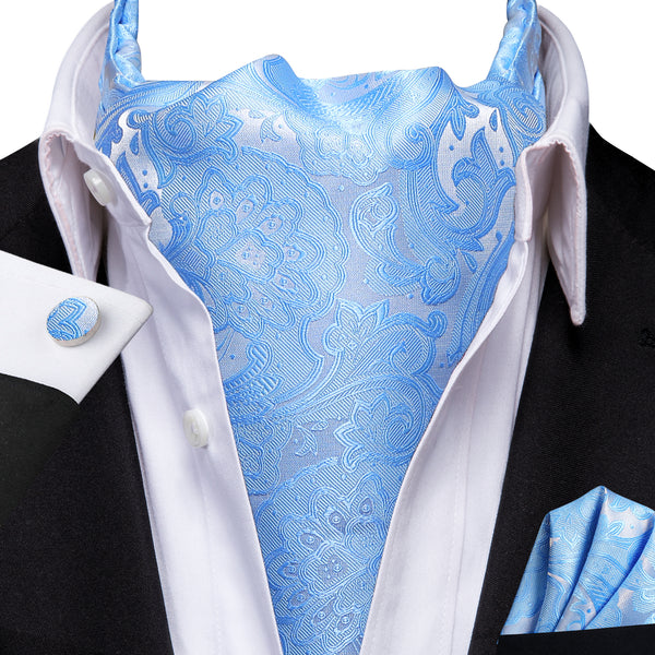 Light Blue Paisley Silk Cravat Woven Ascot Tie Pocket Square Cufflinks Set
