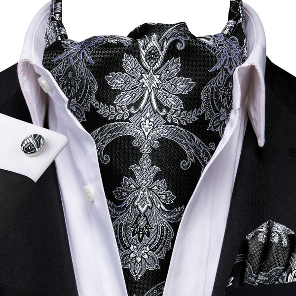 Black Grey Floral Silk Cravat Woven Ascot Tie Pocket Square Cufflinks Set