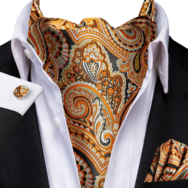 Ties2you Paisley Tie Orange Silk Cravat Woven Ascot Tie Pocket Square Cufflinks Set