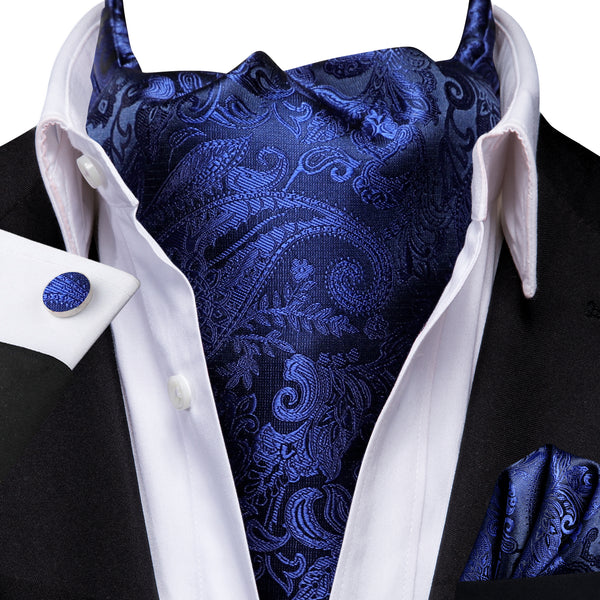 Navy Paisley Silk Cravat Woven Ascot Tie Pocket Square Cufflinks Set