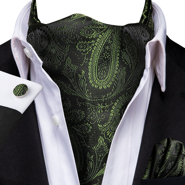 Ties2you Mens Tie Olive Green Paisley Silk Cravat Woven Ascot Tie Pocket Square Cufflinks Set