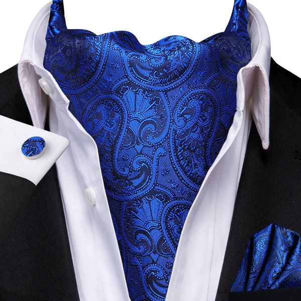 Royal Blue Paisley Silk Cravat Woven Ascot Tie Pocket Square Cufflinks Set