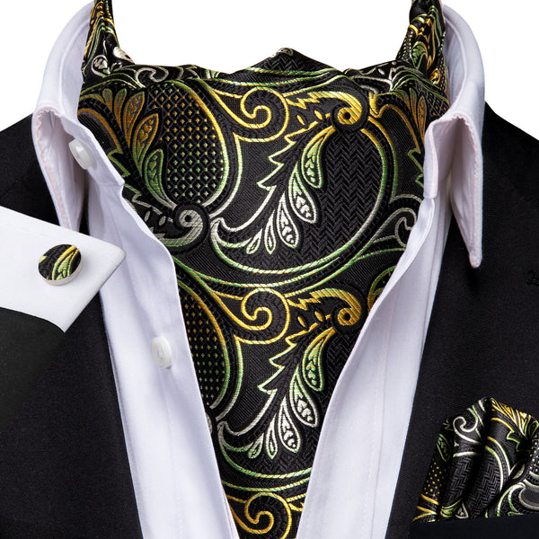 Yellow Green Paisley Silk Cravat Woven Ascot Tie Pocket Square Cufflinks Set