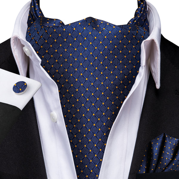 Ties2you Plaid Dot Tie Blue Yellow Ascot Cravat Woven Silk Tie Pocket Square Cufflinks Set
