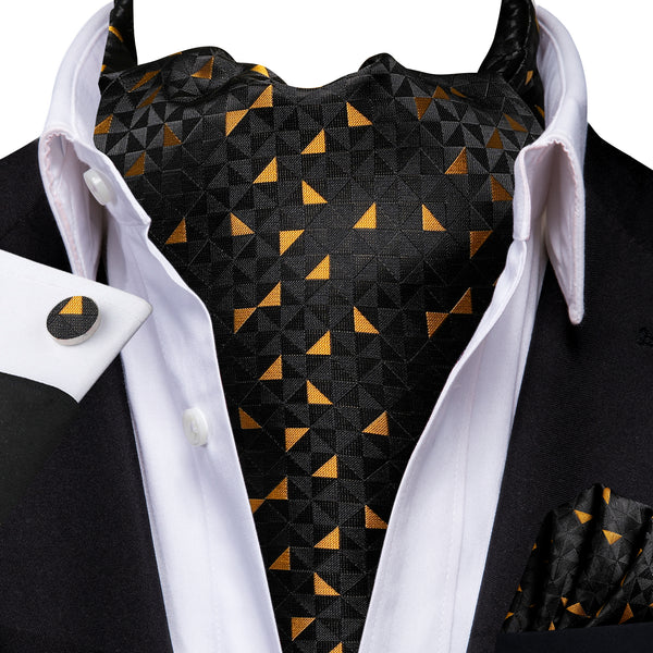 Black Golden Novelty Silk Cravat Woven Ascot Tie Pocket Square Cufflinks Set