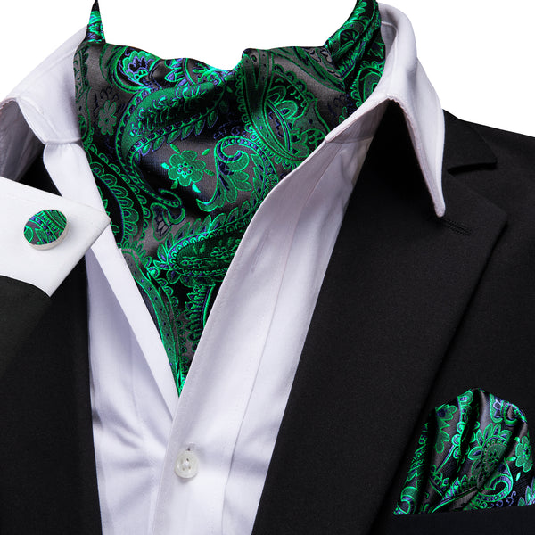 Green Purple Paisley Silk Cravat Woven Ascot Tie Pocket Square Cufflinks Set