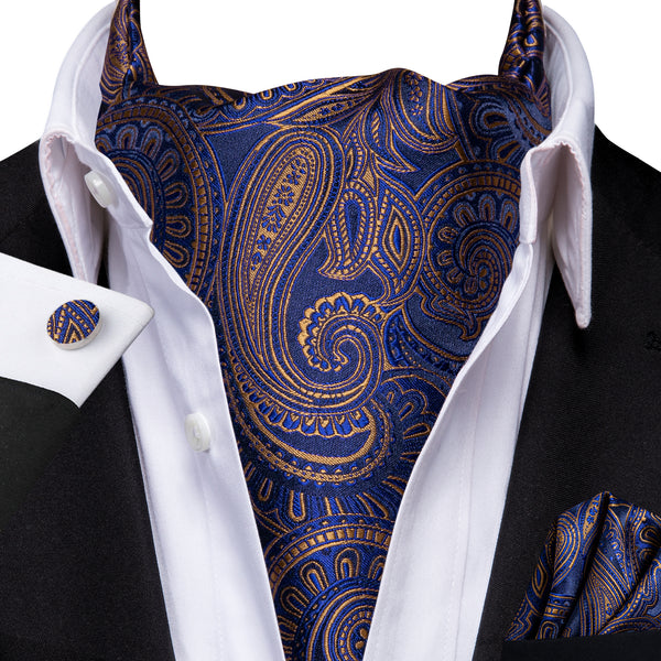 New Golden Blue Paisley Silk Cravat Woven Ascot Tie Pocket Square Cufflinks Set