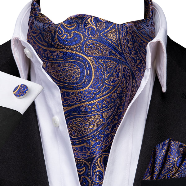 Blue Golden Paisley Silk Cravat Woven Ascot Tie Pocket Square Cufflinks Set