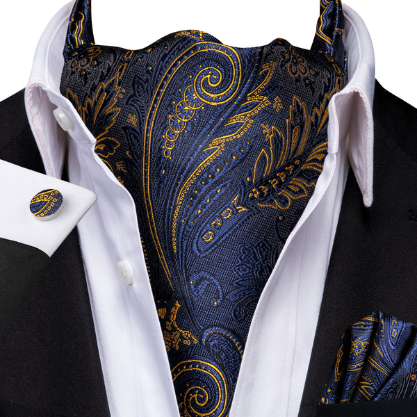 Navy Blue Golden Paisley Silk Cravat Woven Ascot Tie Pocket Square Cufflinks Set