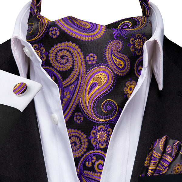 Purple Yellow Paisley Silk Cravat Woven Ascot Tie Pocket Square Cufflinks Set