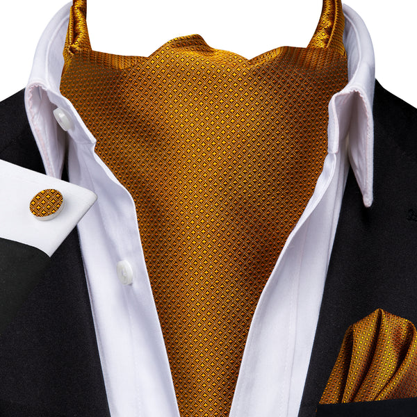 Golden Solid Silk Cravat Woven Ascot Tie Pocket Square Cufflinks Set