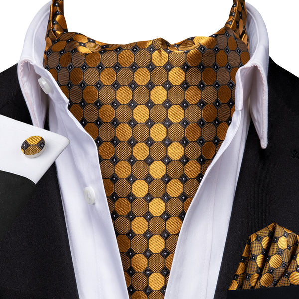 Golden Polka Dot Silk Cravat Woven Ascot Tie Pocket Square Cufflinks Set
