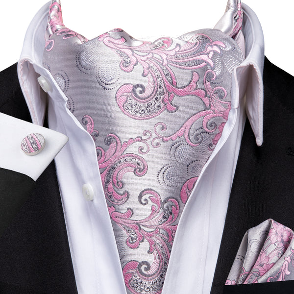 Ties2you Floral Tie Pink Silver Silk Cravat Woven Ascot Tie Pocket Square Cufflinks Set