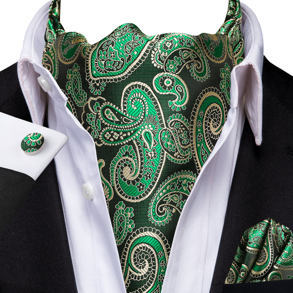 Emerald Green Silk Cravat Woven Ascot Tie Pocket Square Cufflinks Set