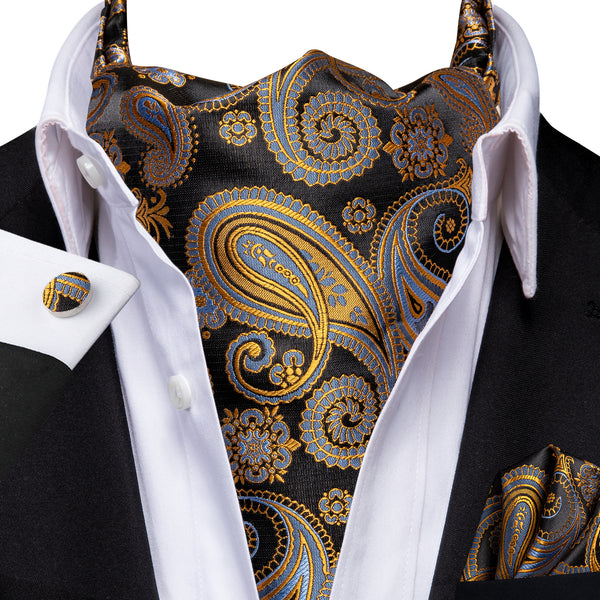 Golden Blue Silk Cravat Woven Ascot Tie Pocket Square Cufflinks Set