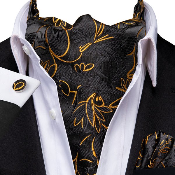 Black Yellow Floral Silk Cravat Woven Ascot Tie Pocket Square Cufflinks Set