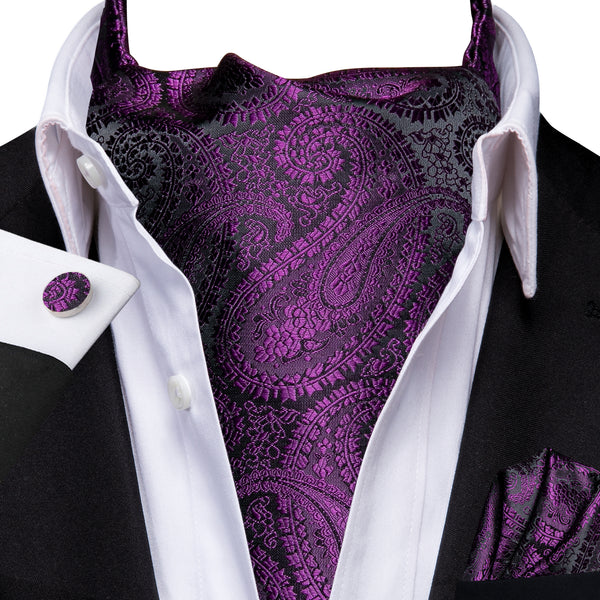 Deep Purple Paisley Ascot Cravat Tie Pocket Square Cufflinks Set