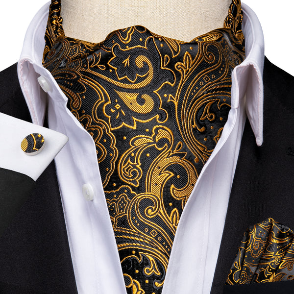 Black Golden Paisley Ascot Cravat Tie Pocket Square Cufflinks Set