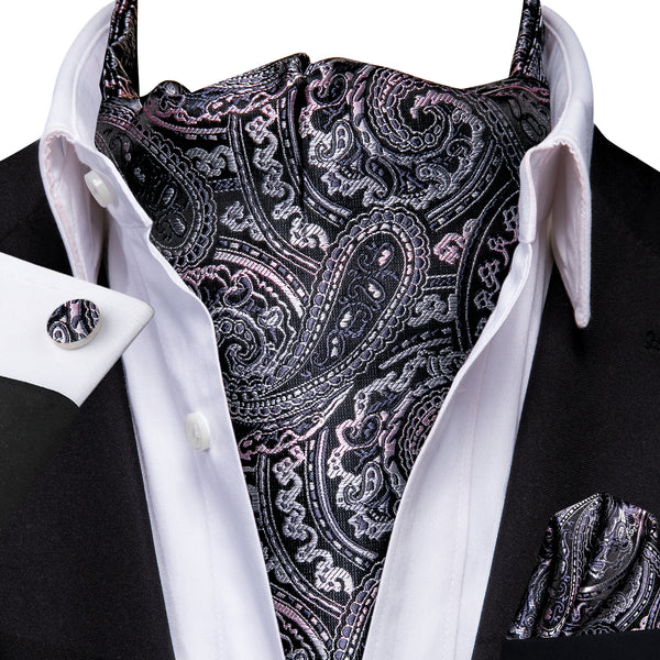 Grey Pink Paisley Ascot Cravat Tie Pocket Square Cufflinks Set