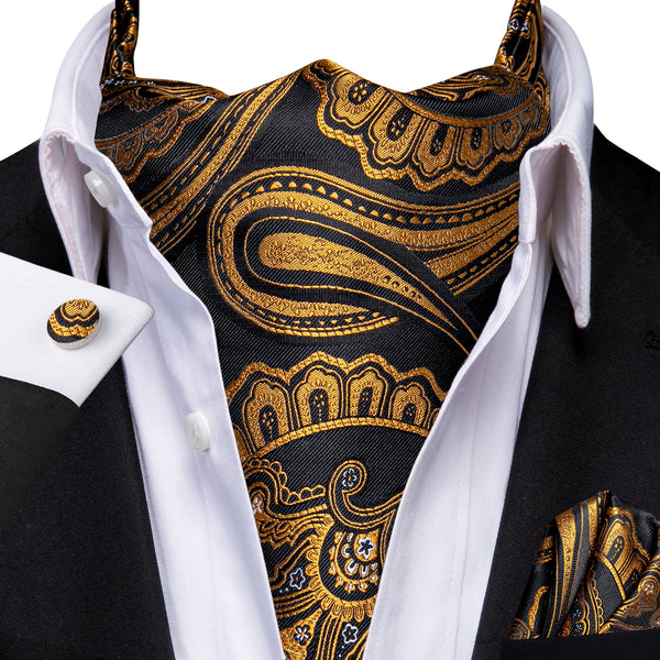 Golden Black Paisley Ascot Cravat Tie Pocket Square Cufflinks Set
