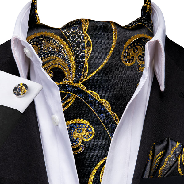 Yellow Blue Paisley Ascot Cravat Tie Pocket Square Cufflinks Set