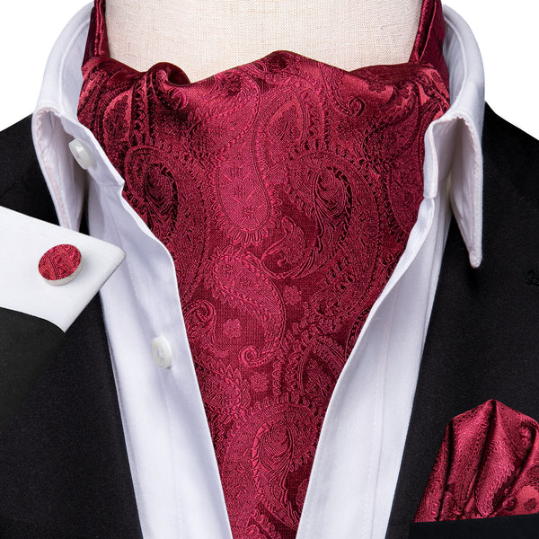 Classic Red Paisley Ascot Cravat Tie Pocket Square Cufflinks Set