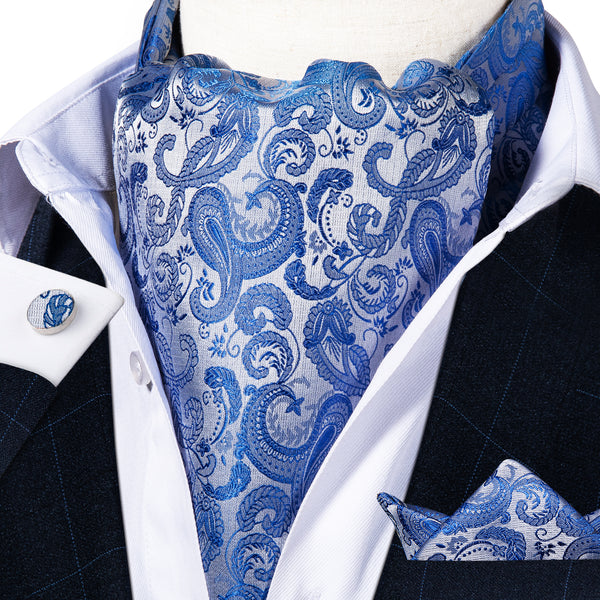 Sky Blue Paisley Silk Ascot Cravat Pocket Square Cufflinks Set