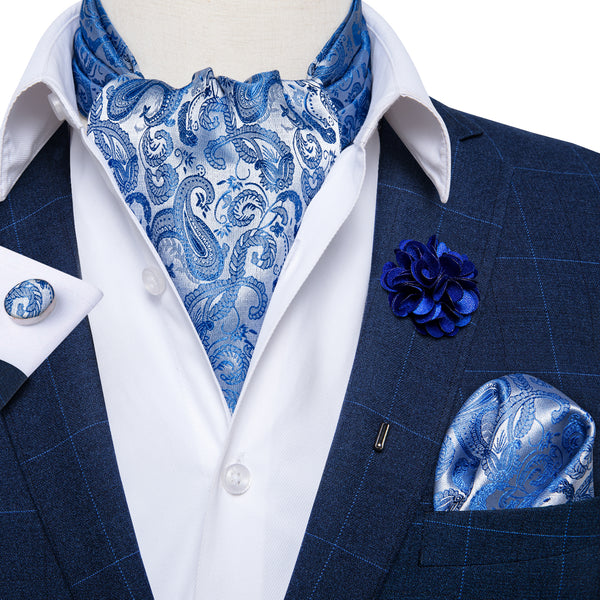 Sky Blue Paisley Silk Ascot Cravat Pocket Square Cufflinks Set With Lapel Pin
