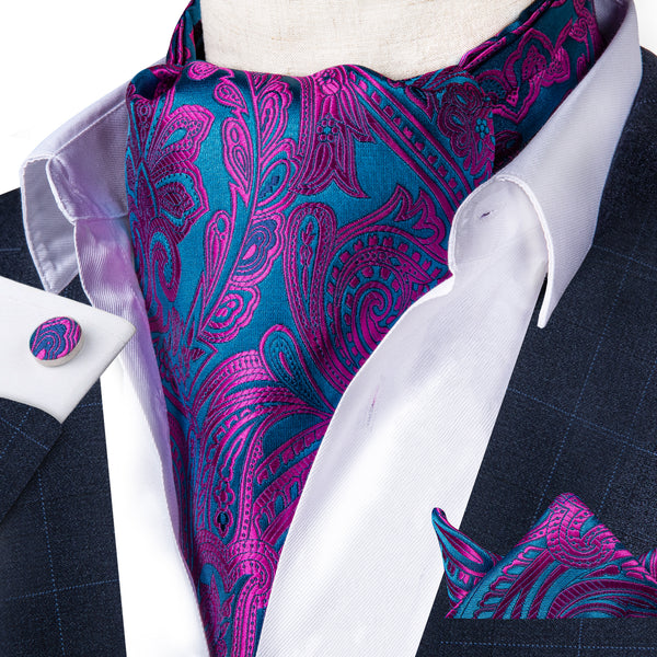 Shinning Purple Blue Paisley Silk Ascot Cravat Pocket Square Cufflinks Set