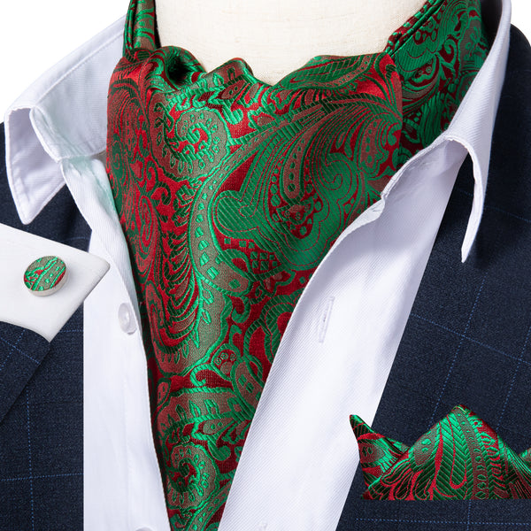 Luxury Green Red Paisley Silk Ascot Cravat Pocket Square Cufflinks Set