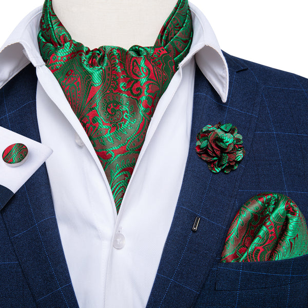 Luxury Green Red Paisley Silk Ascot Cravat Pocket Square Cufflinks Set With Lapel Pin