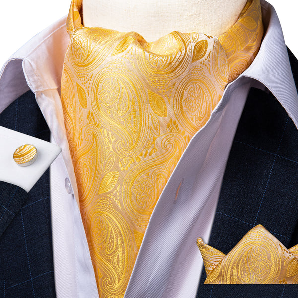 Shinning Yellow Paisley Silk Ascot Cravat Pocket Square Cufflinks Set