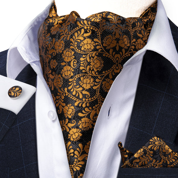 Black Golden Floral Silk Ascot Cravat Pocket Square Cufflinks Set