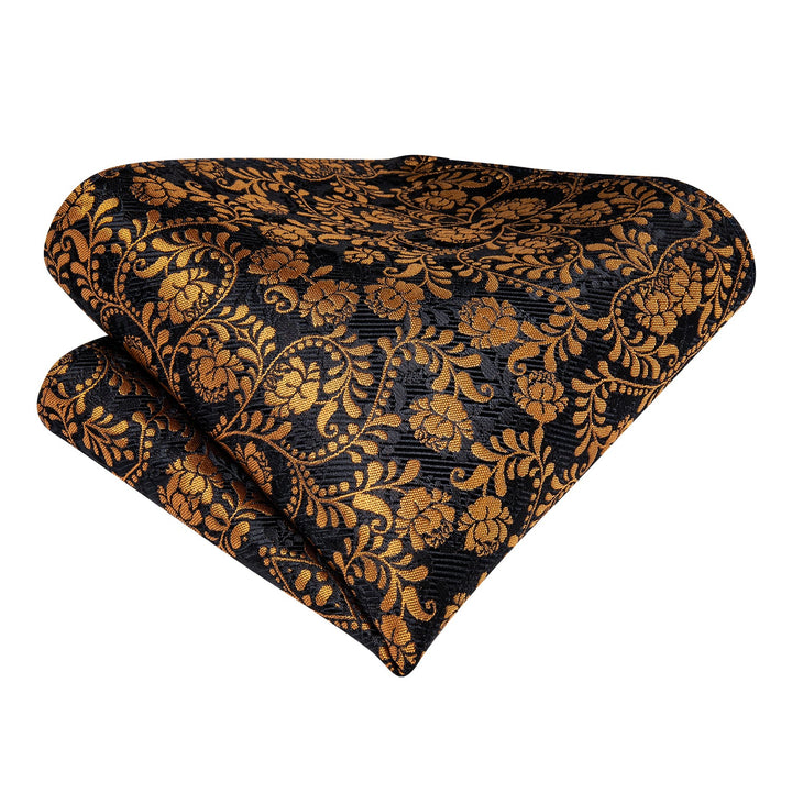 New Black Golden Floral Paisley silk Cravat Woven Ascot Tie Pocket Square Handkerchief Suit Set (4602490585169)