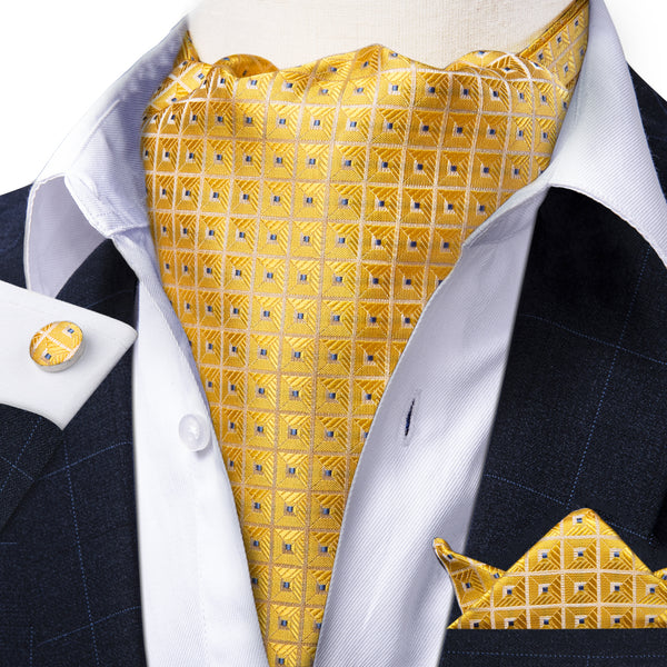 Ties2you Yellow Ascot Tie Plaid Silk Ascot Cravat Pocket Square Cufflinks Set