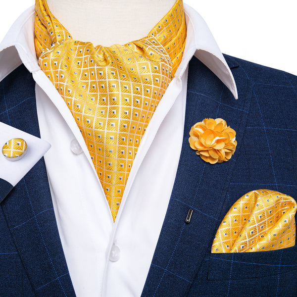 Yellow Plaid Silk Ascot Cravat Pocket Square Cufflinks Set With Lapel Pin