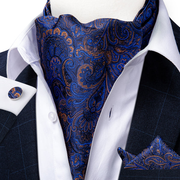 Deep Blue Paisley Ascot Cravat Pocket Square Cufflinks Set