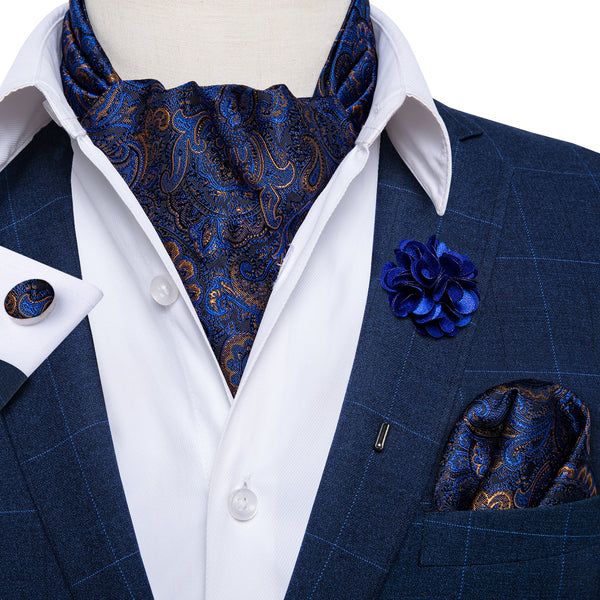 Deep Blue Paisley Ascot Cravat Pocket Square Cufflinks Set With Lapel Pin