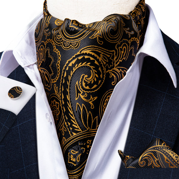 Black Golden Paisley Ascot Cravat Pocket Square Cufflinks Set