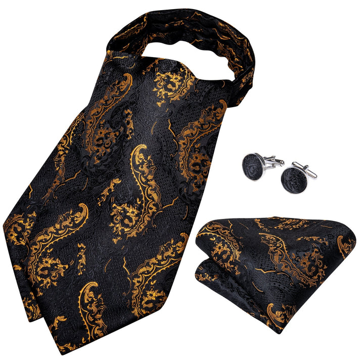 New Black Golden Floral Paisley silk Cravat Woven Ascot Tie Pocket Square Handkerchief Suit Set (4602490585169)