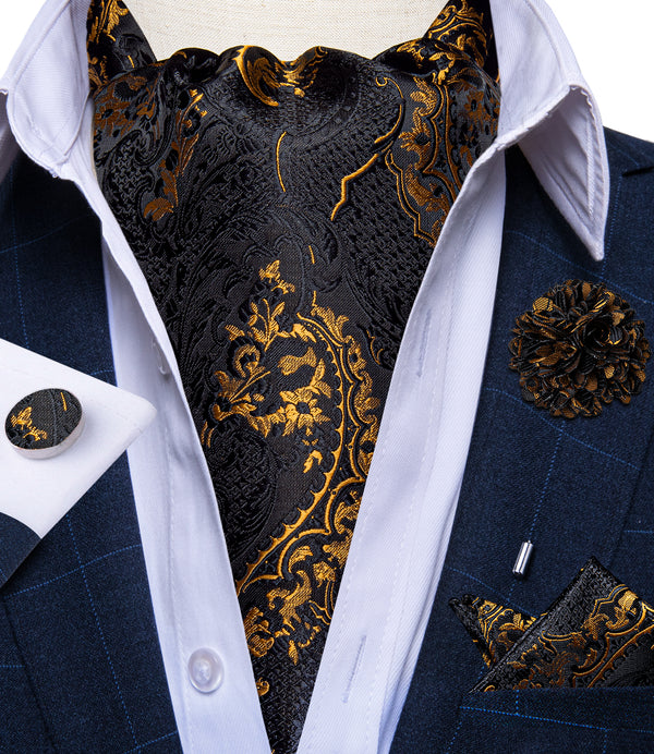 Black Golden Floral Silk Cravat Woven Ascot Tie Pocket Square Handkerchief Set with Lapel pin