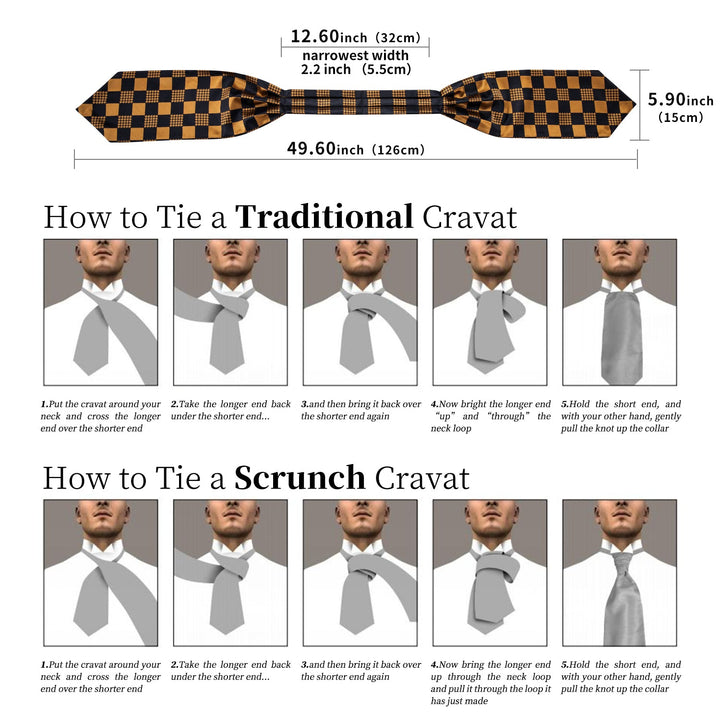New Brown Black Plaid Silk Cravat Woven Ascot Tie Pocket Square Handkerchief Suit Set (4602497531985)
