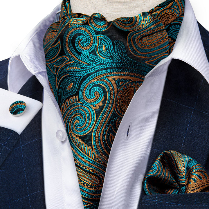 New Turquoise Floral Paisley silk Cravat Woven Ascot Tie Pocket Square Handkerchief Suit Set (4602510442577)