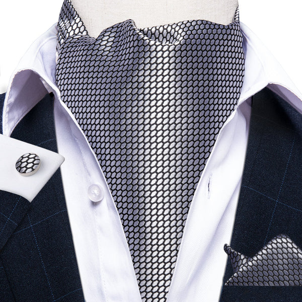 New Silver Gray Solid Silk Cravat Woven Ascot Tie Pocket Square Handkerchief Suit Set (4602511392849)