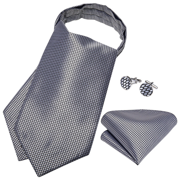 New Silver Gray Solid Silk Cravat Woven Ascot Tie Pocket Square Handkerchief Suit Set (4602511392849)