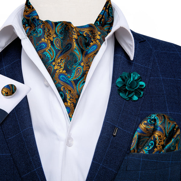 Ties2you Ascot Tie Golden Blue Green Paisley Silk Ascot Cravat Pocket Square Cufflinks Set With Lapel Pin