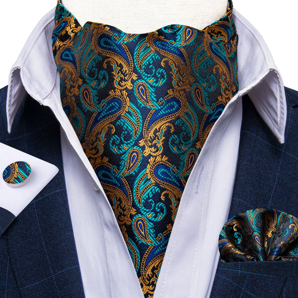New Blue Brown Paisley silk Cravat Woven Ascot Tie Pocket Square Handkerchief Suit Set (4602529972305)