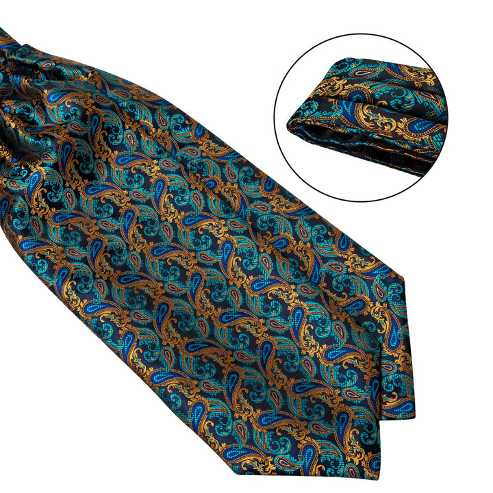 New Blue Brown Paisley silk Cravat Woven Ascot Tie Pocket Square Handkerchief Suit Set (4602529972305)